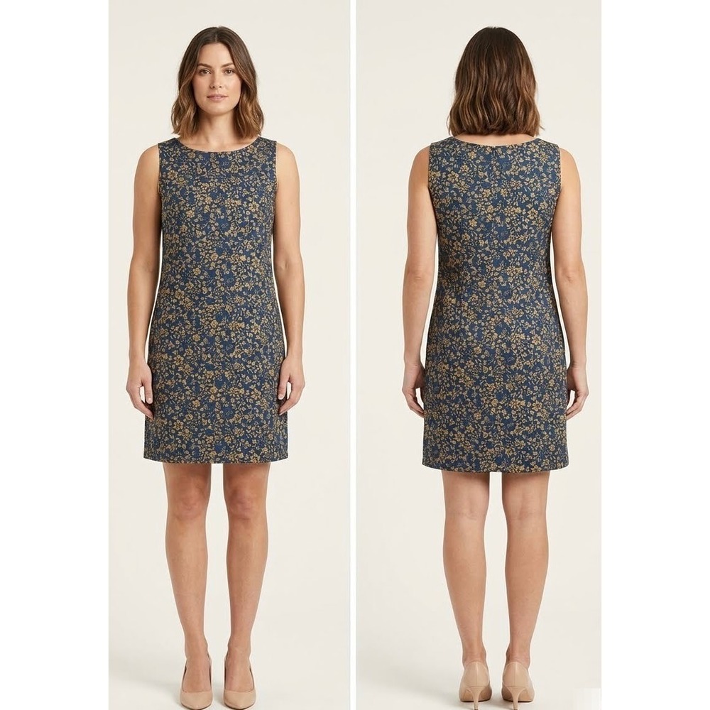 VILLAGER SPORT Women's Sz 14 Blue Gold Floral Sleeveless VNeck Shift Dress #1729